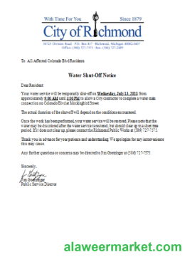 Michigan City of Richmond water shut off notice utility business bill, SCR